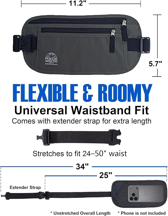 Money Belt for Travel, Passport Holder, RFID Blocking, Sweat-Proof, Gray | 3rd Gen Hidden Waist Wallet Anti Theft to Protect Cash, Credit Cards and Documents Under-Clothes for Men & Women, Bamneat