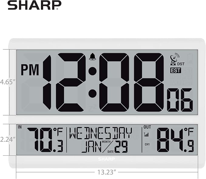 Sharp Atomic Clock - Never Needs Setting! –Easy to Read Numbers - Indoor/Outdoor Temperature, Wireless Outdoor Sensor - Battery Powered - Easy Set-Up (4" Numbers)