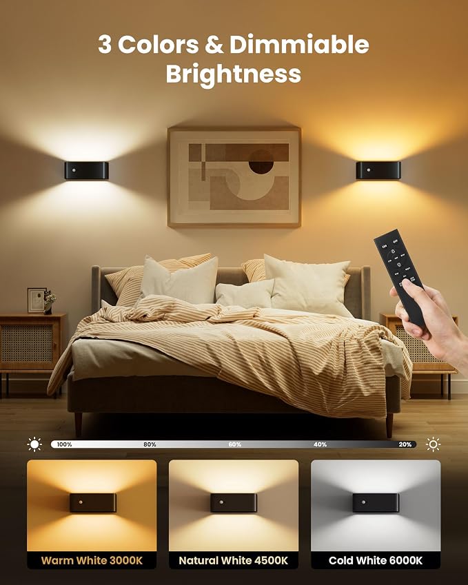 PopoIron Motion Sensor Wall Sconce Indoor with Remote Control 3 Colors Wireless Wall Light LED Wall Sconces Rechargeable 8000mAh Battery Operateded Wall Lamps Brightness Adjustable for Bedroom
