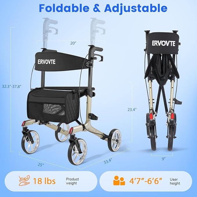 Walkers for Seniors with Seat, Foldable Rollator Walker, Reinforced Aluminum Frame, 8" Big Wheels for Indoor & Outdoor All Terrain Use, Height Adjustable Lightweight Rollator Walker with Seat
