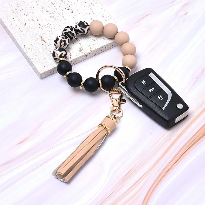 BAOSIWA Silicone Beaded Bracelet Keychain Wristlet Key Ring Bangle Chains for Women with Leather Tassel