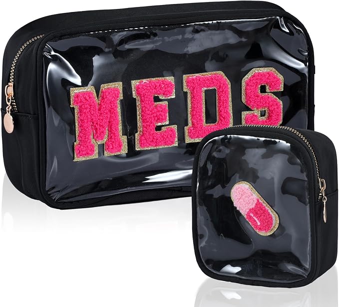 Hillban 2 Pcs Medicine Bag Chenille Letter Patch Meds Bags Travel Cases Preppy Clear Nylon Portable Makeup Bags Zipper Cosmetic Toiletry Storage for Women PVC Transparent Mini First Aid Bag(Basic)