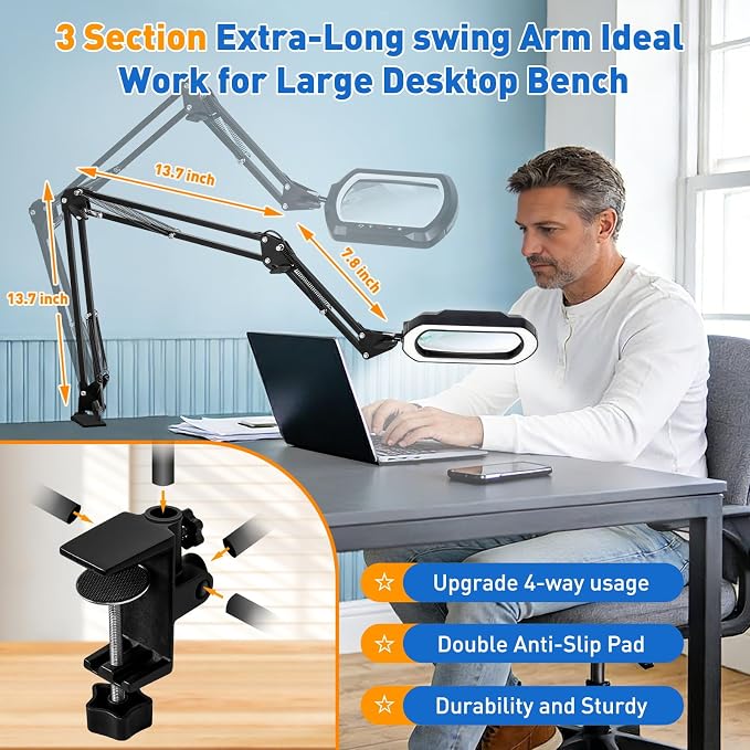 12X Rectangle 3-Section Magnifying Glass with Light and Clamp-White | 5 Color Mode & Stepless Dimming LED Lamp, 4-Way Desk Clip, Ultra Long Lighted Magnifier for Workbench Reading Craft Repair