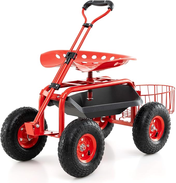 Garden Seat with Wheels, Rolling Stool with Extendable Handle, Storage Basket & Tool Tray, Garden Scooter with 360 Degree Swivel Seat for Outdoor & Yard (Red)