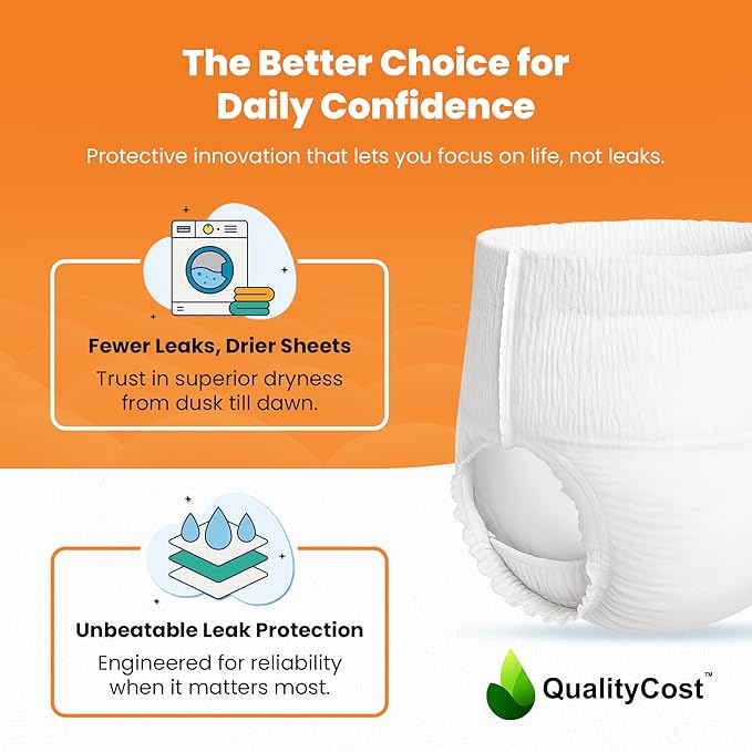 Adult Diapers Men and Women Incontinence Overnight Pull-Ups – Pull-On Briefs, Disposable Undergarments, Maximum Absorbency, Leak Proof, Single-Use, 3XL (64–85 inch Waist), 60 Count