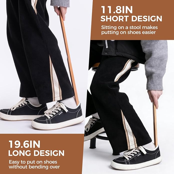 Magnetic Wooden Shoe Horn Set - 19.6" Long & 11.8" Short Handled Shoehorn for Seniors, Men and Women - Drill-Free Wall Mounted Premium Beech Wood Shoe Horns, Slip On Shoes Without Bending