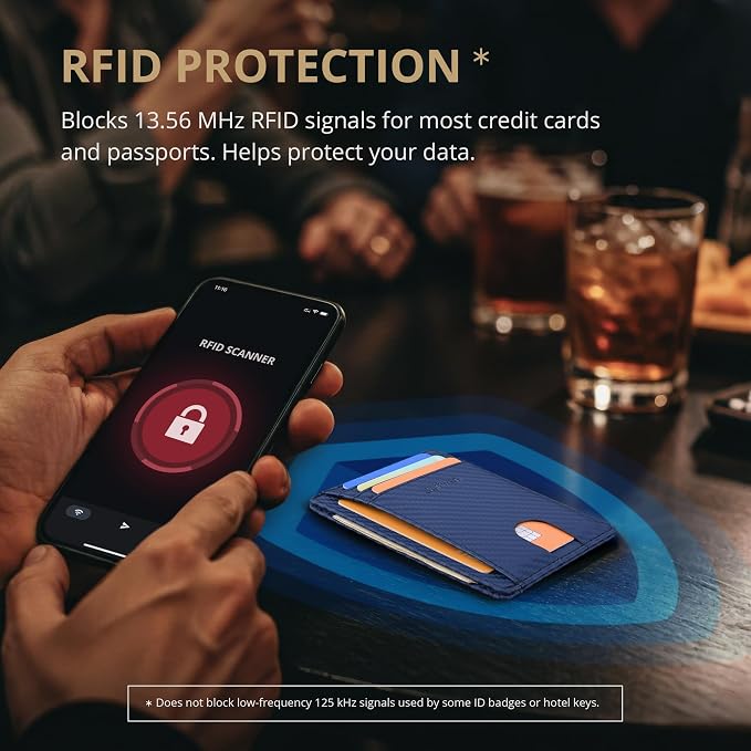 Buffway Slim Minimalist Front Pocket RFID Blocking Leather Wallets for Men and Women - Carbon Fiber Blue
