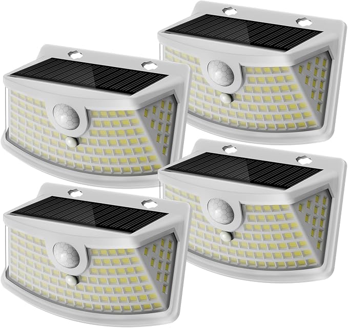 Aootek Solar Motion Sensor Lights Outdoor 120 LEDs, White, 4 Pack | Lights Reflector, 270° Wide Angle, IP65 Waterproof, Step Lights For Front Door, Yard, Garage, Deck