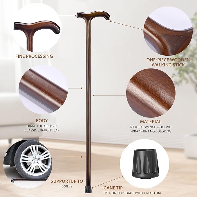 Wooden Walking Cane for Men & Women – 36 Inch Wood Cane with Stable Tip, Ergonomic Mobility Aid for Seniors, Comfortable Grip - Supportive Mobility Aid for Seniors