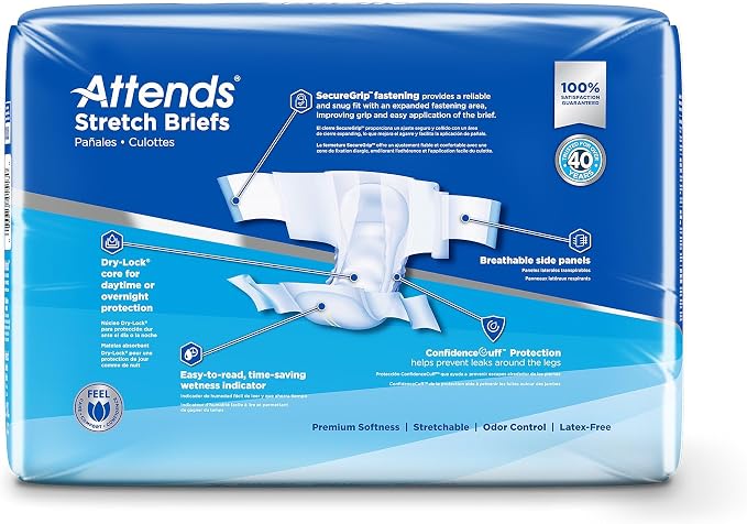Attends Stretch Adult Incontinence Disposable Briefs, Large/X-Large, 40"-70" Waist with SecureGrip Tab Closure, Ultimate Absorbency with Dry-Lock Containment Core and Breathable Side Panels, 96ct Case