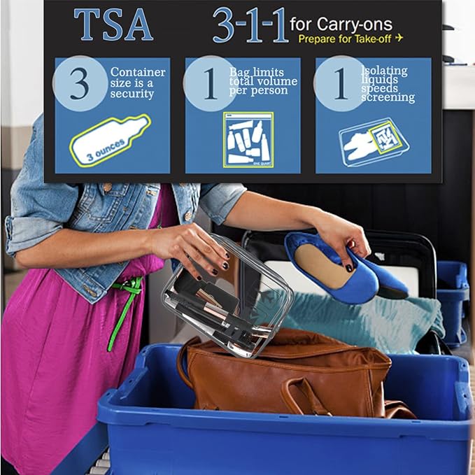 WANDF TSA Approved Toiletry Bag, 3 Pack Clear Makeup Bag | Quart Size, Airport Carry-On, TSA Liquids Travel Bag, Clear PVC, Women Men Travel Essentials