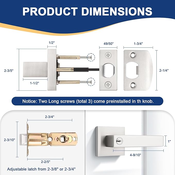 KNOBWELL 1 Pack Door Handles with Lock and Key, Brushed Nickel Exterior Door Handlesets for Front Door/Gate/Garage(Different Keys)