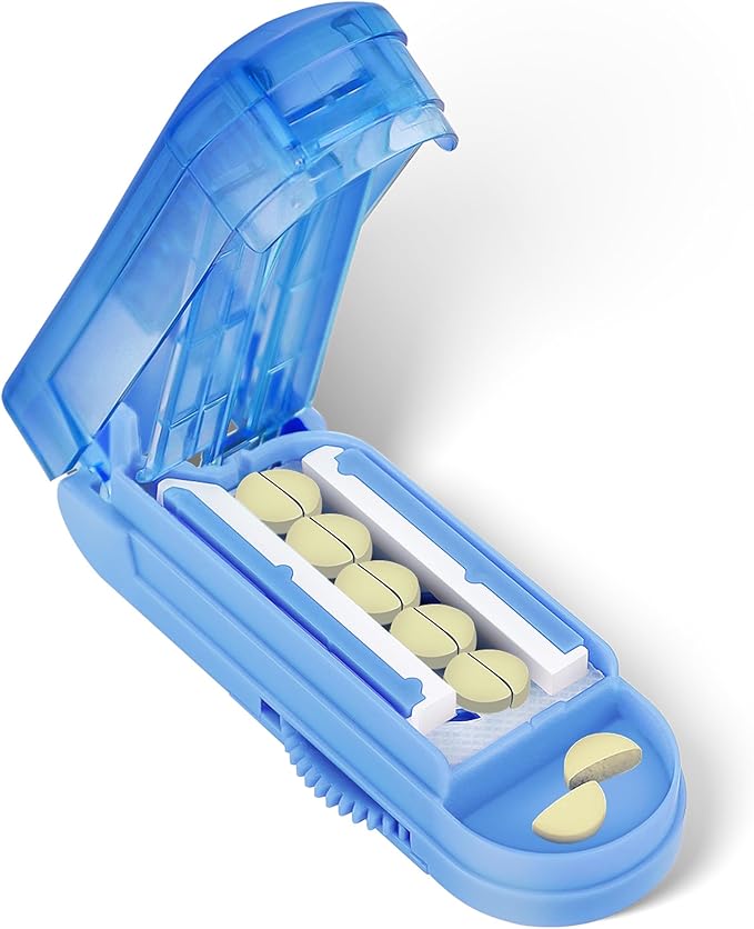 Pill Cutter Splitter for Small and Tiny Pills, Pill Splitter for Multiple Pills at a Time with Centering Device and Stainless Steel Blade (Blue)
