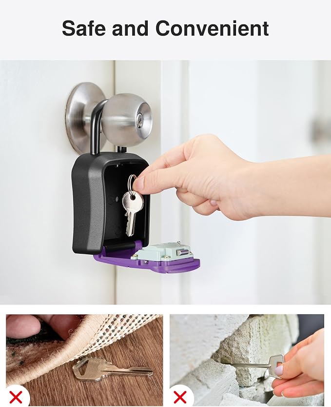 Puroma Key Lock Box Outdoor 4 Digit Code Combination Lockbox House 1 Purple | For Contractors Guest Realtor Storage Keys, Portable, Home Wall Mount, Resettable, Combination, Weatherproof, High-capacity