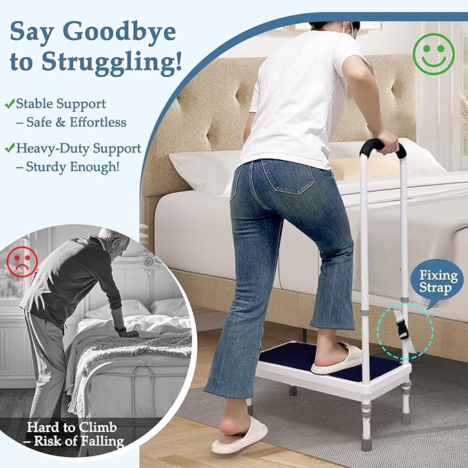 Step Stool with Handle for Elderly - Bedside Assist Step Stool for High Beds, Adults Fall Prevention, Seniors Non-Slip Wide Platform Step for Medical Stool, Bathtub, SUV Car (21.65-Stool)