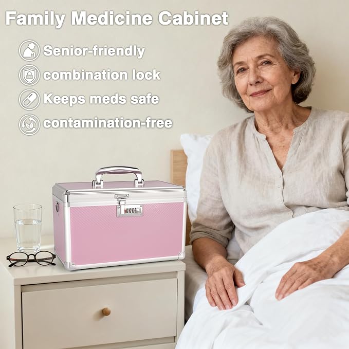 Medicine Box with Combination Lock - 10"x6"x6.7" First Aid Safe Medication Storage Case, Personal Items Safe Case for Hospital & Home & Outdoor 【Pink】