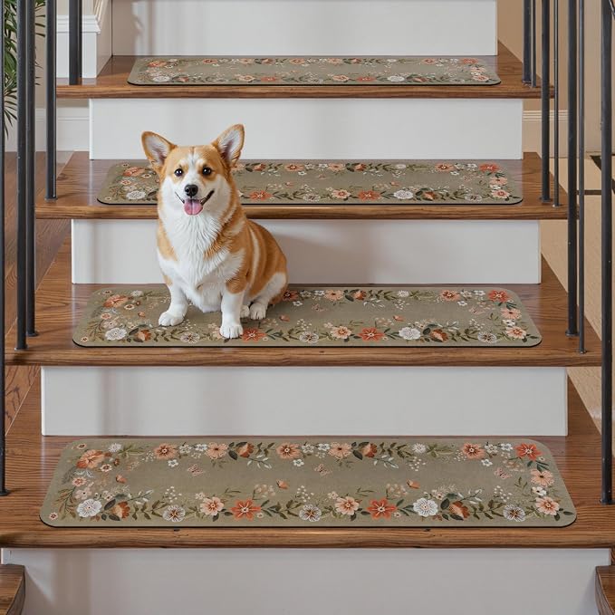 OJIA Floral Stair Treads Non-Slip Stair Runners 15PCS 30"x8" | Carpet Stair Treads for Wooden Steps Indoor Mats Staircase Step Treads for Kids, Elders and Dogs, Stair Covers, Brown