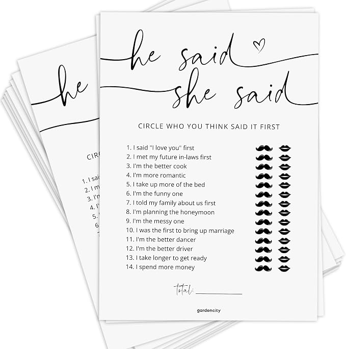 GardenCity Bridal Shower Games, He Said She Said Bridal Shower Game for 50 Guests, Minimalist
