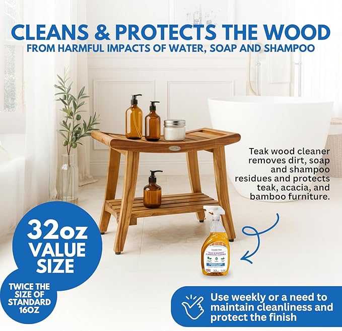 EcoDecors Serenity Teak Shower Bench – 18 Inch, Natural Finish + Loveable 24 oz Teak Oil + Loveable 32 oz Teak Cleaner + Loveable 16 oz Protexion Sealer