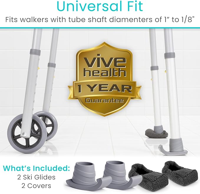 Vive Walker Ski Glides and Covers (4 PCS) - Senior & Elderly Accesories | Folding Walkers - Feet Sliders for Back Legs - Replacement Part, Slides Easily - Gliders for Hardwood Floor & Outdoor Use