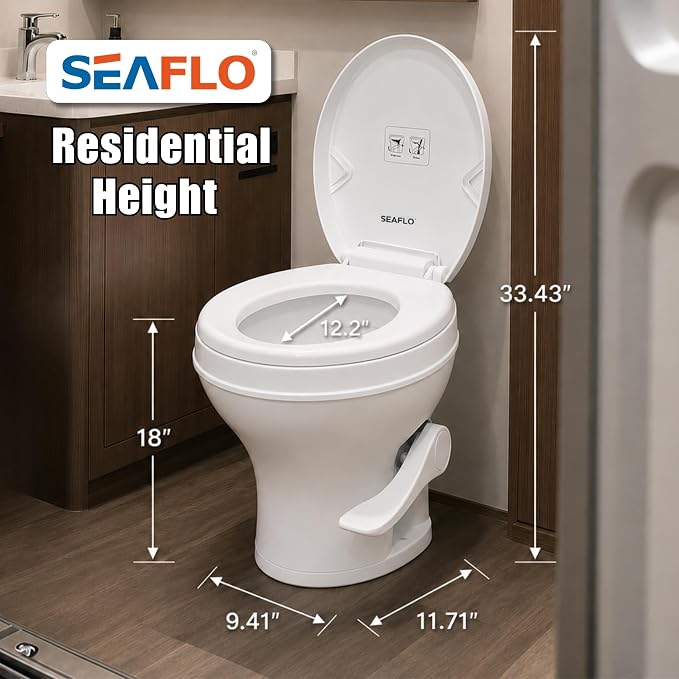 SEAFLO RV Toilet – 18.4" Residential Height, Gravity Flush Foot Pedal, 4-Year Warranty, Fits Most RVs (9.5" Rough-In), Soft Close Seat, 2-Bolt Mount, for Camper Travel Trailer Motorhome SFRTPH-01-01