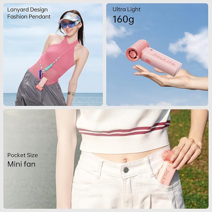 JISULIFE Portable Handheld Fan Life9, Turbo Airflow, Up to 12H Runtime | 5 Speeds, 3600mAh, Mini Pocket Design, Personal Fan for Travel, Concerts, Makeup, Trendy Gifts for Women Men -Pink