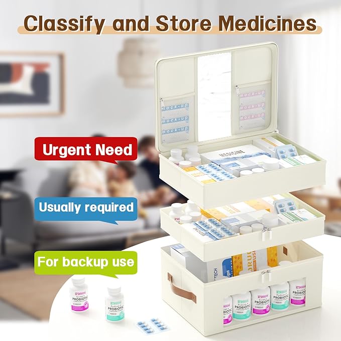 3-Tier Medicine Cabinet Organizer, Fabric Medicine Organizer for Cabinet with Leather Handle, Medicine Storage Box for First Aid, Organizers and Storage Home Must Haves (Beige)