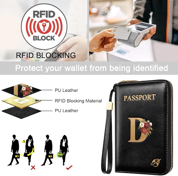 Passport Holder for Travel Personalized Wallet with Wristlet Women | Passport Cover, RFID Blocking, Passport Book Holders, Back Coin Pocket, Zipper Closure, Roses Initial Letter, Black D