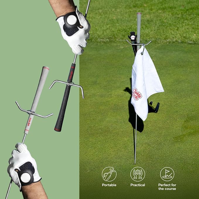 Golf Club Stand Silver/Grey Grip & Accessories | Designed to Minimize Bending on the Course | Multi-Club Holder, Ball Pick-Up Cap, Towel, Carabiner & Marker | Made in USA