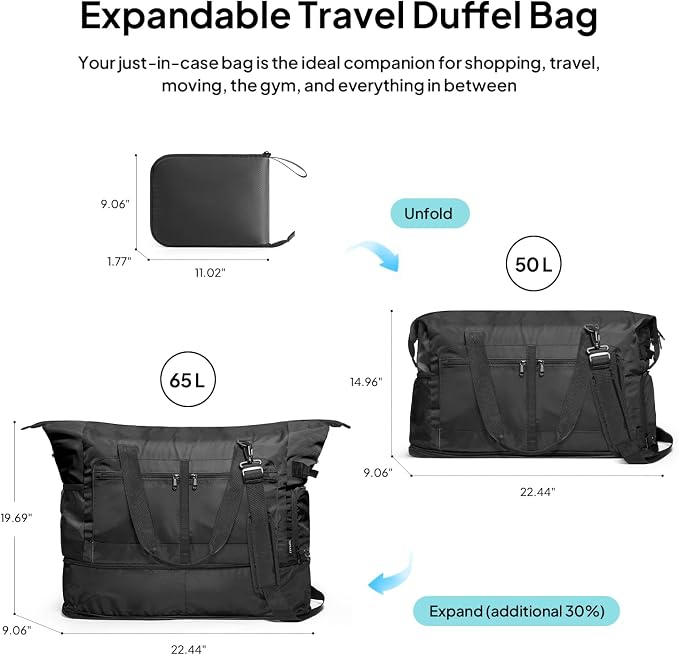 TOPEAST Foldable Travel Bag for Men & Women, 65L Weekender Overnight Duffle Bag for Travel, Expandable Airline Approved Carry-On with Shoe Compartment, Lightweight Personal Item Bag, Water-resistant