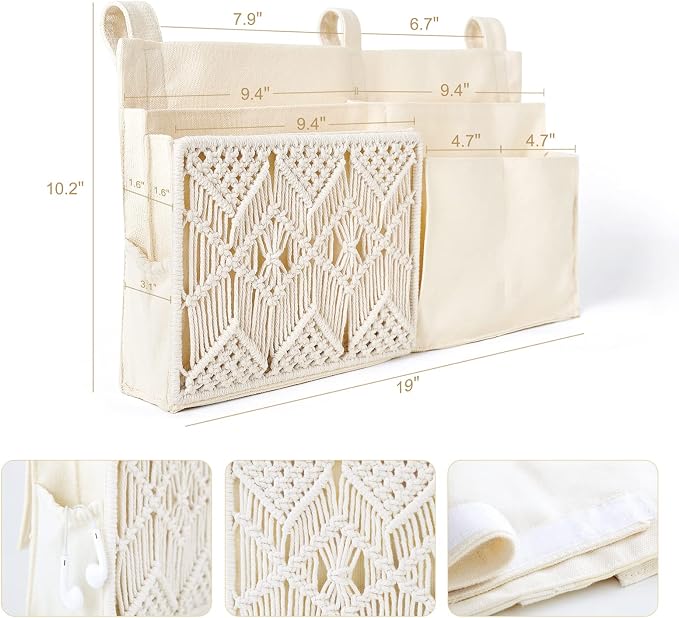 Mkono Bedside Caddy, Macrame Bunk Bed Hanging Organizer, 7 Pockets Ivory | Dorm Room Essentials, Boho Storage Bag, Remote Books Magazines Phone Snacks Drinks Holder, Bedroom Nursery Loft Baby Bed Rail