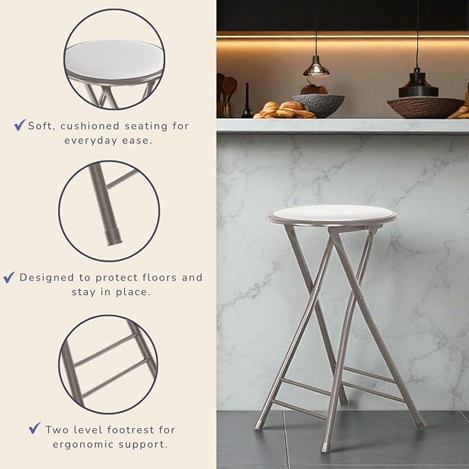 Lavish Home Folding Stool with Padded Backless Seat Set of 2, White, 24” | Counter Height Bar Stools with 225lb Capacity, Portable Indoor & Outdoor, Extra Seat for Kitchen, Rec Room or Camping