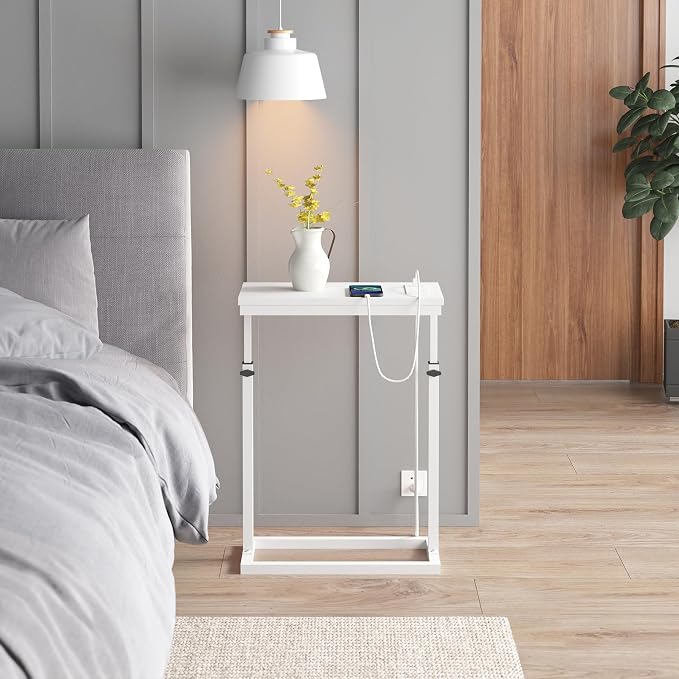 TUTOTAK End Table with Charging Station, Side Table, Tall Couch Table | Sofa Table, for living Room, Bedroom, White TB01BW084