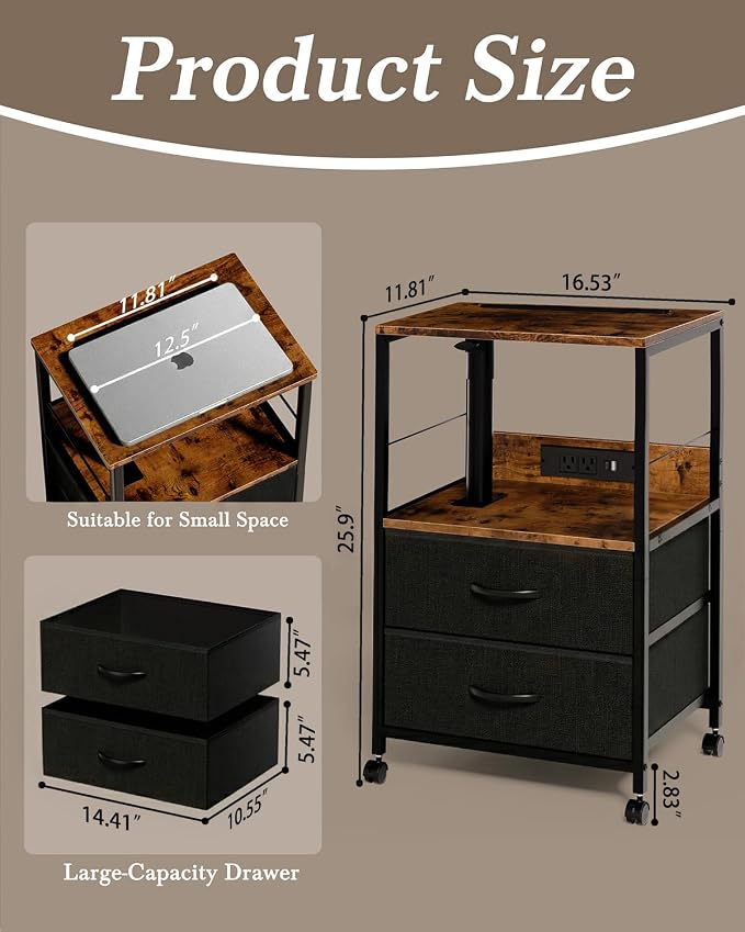 Faesun Swivel Lift Top Nightstand with Charging Station, Rolling Side Table for Recliner, Bedside Table with Wheels & 2 Fabric Drawers, for Small Spaces, for Bedroom, Living Room, Brown Black