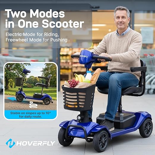 Hoverfly T4 Mobility Scooter for Seniors, Max 12.4-Mile Range & 3.7 mph, 3-Position Seat & Anti-slip Rear Wheel, Removed Battery&Quick Fold Design, Solid 9" Tire&330 lb Capacity, Ease of Assembly Blue