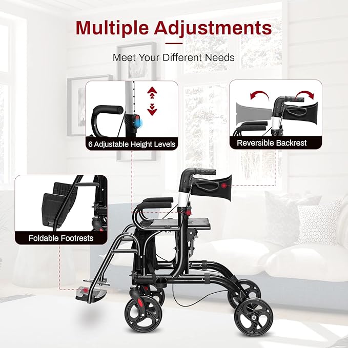 Goplus 2 in 1 Rollator Walker for Seniors, Medical Walker with Seat, Folding Transport Wheelchair Rollator with 8" Wheels, Reversible Backrest, Footrests, Aluminum Mobility Walking Aid (Black)