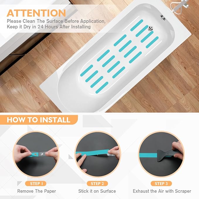 Non Slip Bathtub Stickers, 24 PCS Shower Stickers for Safety Bathroom Tubs, Bathtub Non Slip Stickers and Adhesive Decals Scraper for Bath Tub, Shower Floor, Stairs, Ladders (Blue)
