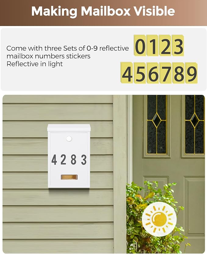 LAND·VOI Locking Wall-Mount Mailbox for Outside, with 4 Keys, Galvanized Steel Rustproof Metal Postbox, 3.1" Dx7.5 Wx10.8 H, Includes 3 Sets of Mailbox Numbers, Nameplate,White