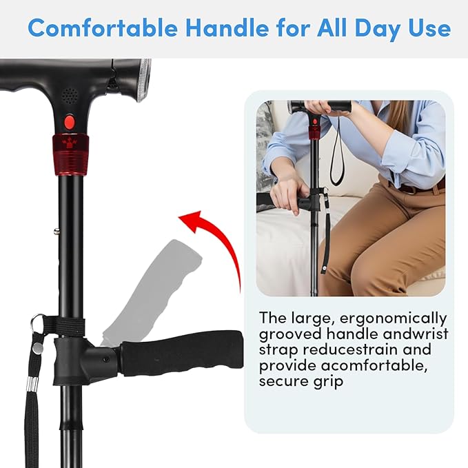 Walking Cane for Men & Women with Alarm, LED Light and Foldable Handle, Foldable, Adjustable, Lightweight, Free Self Standing Walking Cane for Seniors & Adults