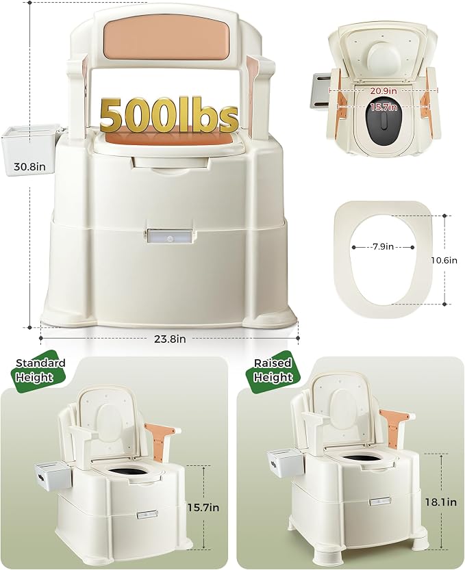 Bedside Commode, 500lbs Heavy Duty & Upgraded Commode Toilet Potty Chair, Portable Camping Toilet, Detachable Armrests, Automatic LED Light, 2-Level Height, 3 Rolls of Commode Liners 【Brown】