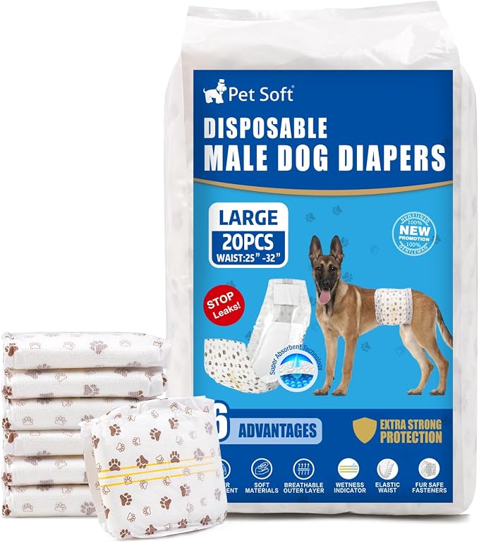 Pet Soft Dog Diapers Male - Disposable Male Dog Wraps Wetness Indicator, Ultra Absorbent Doggie Diapers Comfortable for Incontinence Excitable Urination, 20pcs Large