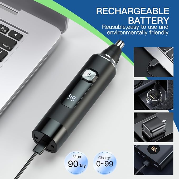Ginity Nose Hair Trimmer for Men, 2-in-1 Rechargeable Ear and Nose Hair Trimmer with LED Display, IPX7 Waterproof Painless Precision Groomer, Type-C Charging, Professional Dual-Edge Blades（Black）