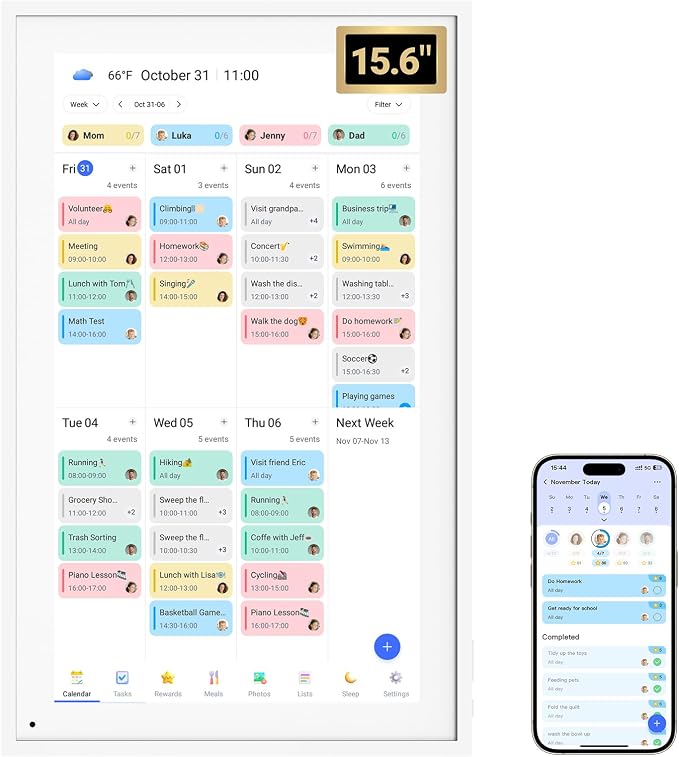 BSIMB 15.6 inch Digital Calendar Base, Touch Screen Smart Calendar Interactive Display, Chore Chart, to-Do List, Electronic Planner with Desktop Rack, Great for Organizing Your 2026 Schedule