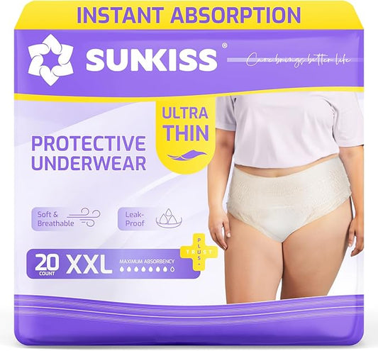 SUNKISS Ultra Thin Incontinence Underwear for Women, High Absorbency & Super Soft Postpartum Diapers, Disposable Adult Pull Ups, XXLarge, 20 Count