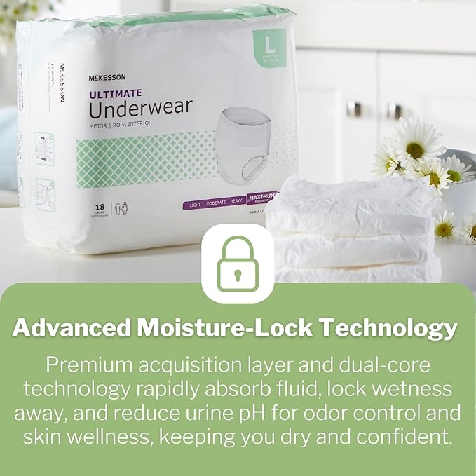 McKesson Ultimate Adult Incontinence Underwear, [18 Count], Large, 44-58 in. Maximum Absorbency, Unisex Bladder Leak Protection, Pull-On Style with Tear-Away Sides, Postpartum and Incontinence