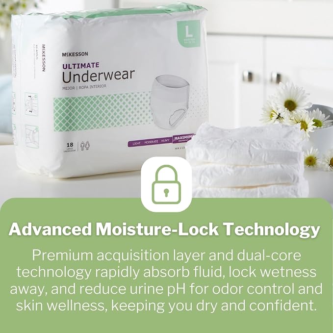 McKesson Ultimate Adult Incontinence Underwear, [72 Count], Large, 44-58 in. Maximum Absorbency, Unisex Bladder Leak Protection, Pull-On Style with Tear-Away Sides, Postpartum and Incontinence