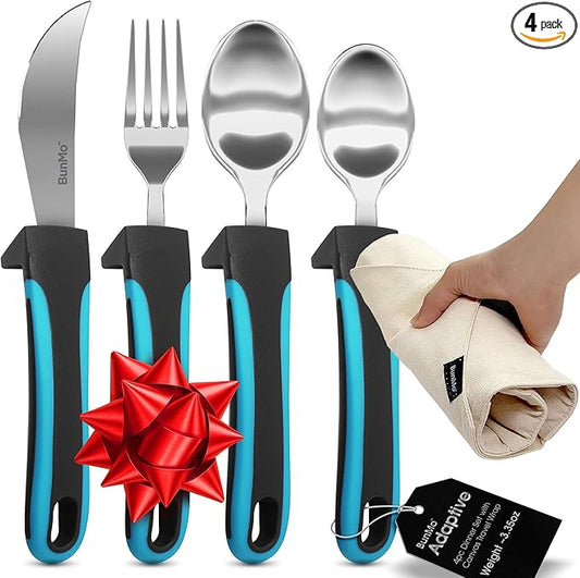 BUNMO Adaptive Utensils for Elderly, Arthritis, Weak Hand Grip & Handicapped - 4 Piece Set - Convenient Travel Pouch - Lightweight - Arthritis Gifts for Seniors Over 80 - Gifts for Disabled Adults