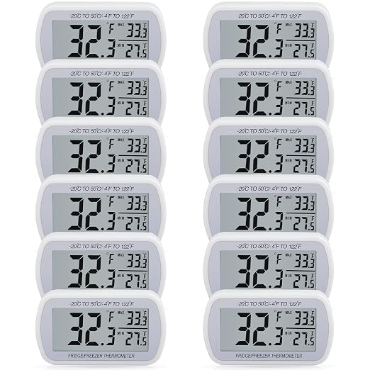 AEVETE 12 Pack Waterproof Digital Refrigerator Thermometer for Freezer Room | Fridge thermometer with magnetic Back large LCD, no Frills easy to read