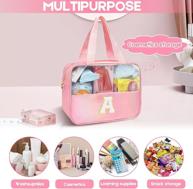 Personalized Initial L Clear Blue Makeup Bag - Large Travel Toiletry Bag, Cute Cosmetic Organizer Set for Girlfriend, Teacher, Teen Girl Gifts