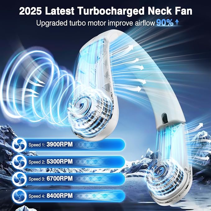 ChillGo Portable Neck Fan, 8400 RPM Enlarged Turbo Airflow, 5200mAh Personal Wearable Fan - Max 16H Cooling, LED Display, 4 Speeds, Foldable, Gifts for Men Women - Iceland Frost